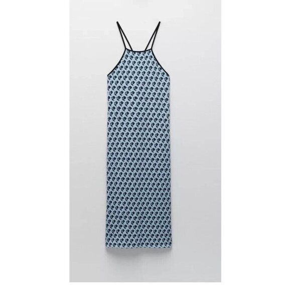 Zara Blue Knit Jacquard Y2K Midi Tank Dress Bodycon Sleeveless Blue size XS - Picture 1 of 12